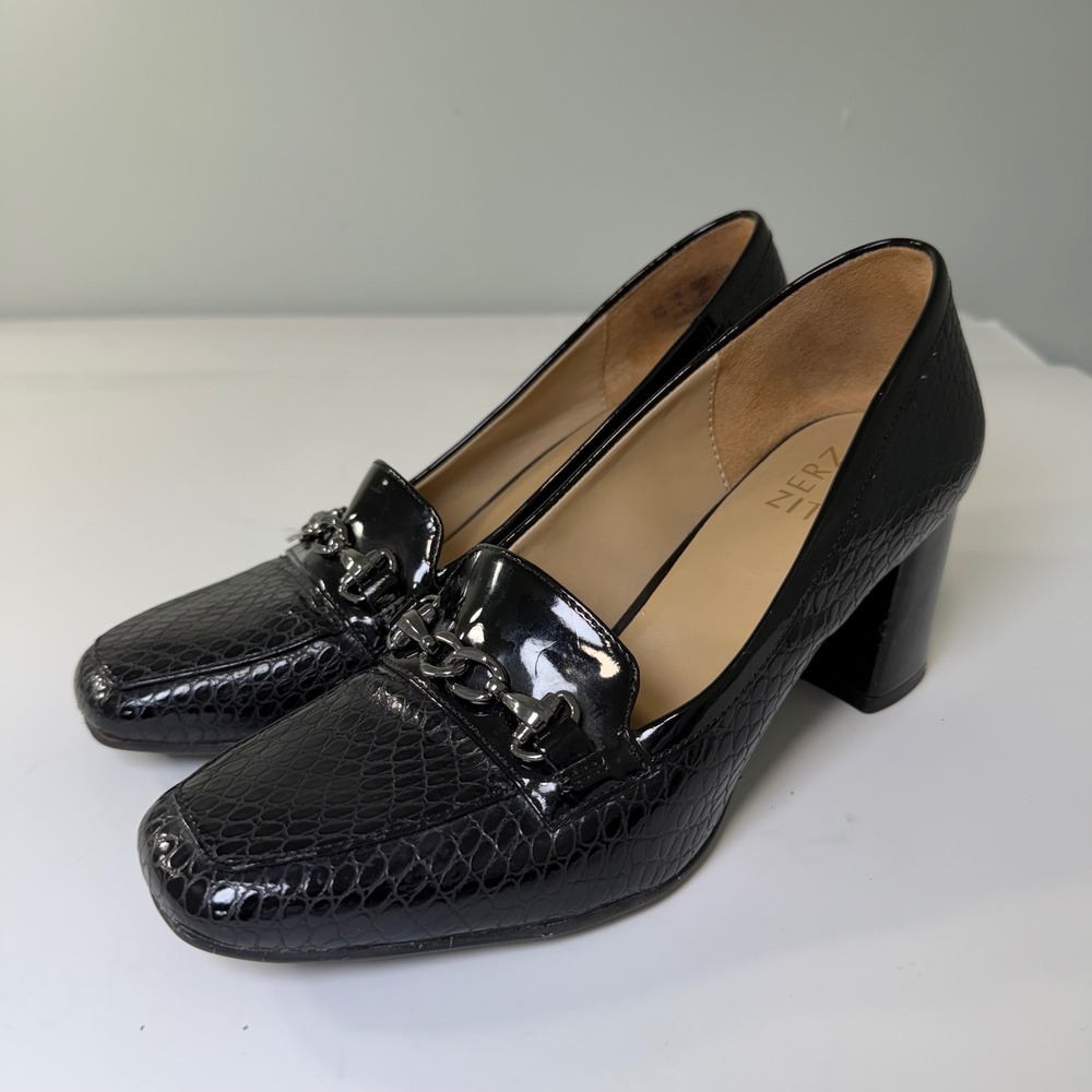 Naturalizer Black Croc Patent Leather Square Toe Block Heel Loafers Pumps 7.5M